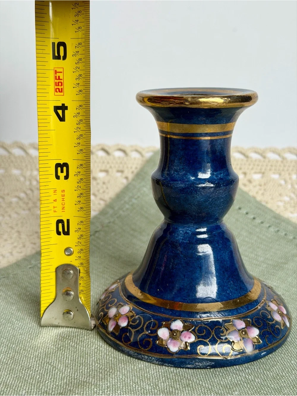 Vintage Blue Cloisonné Style Porcelain Candlestick Holder Gold Floral Decor